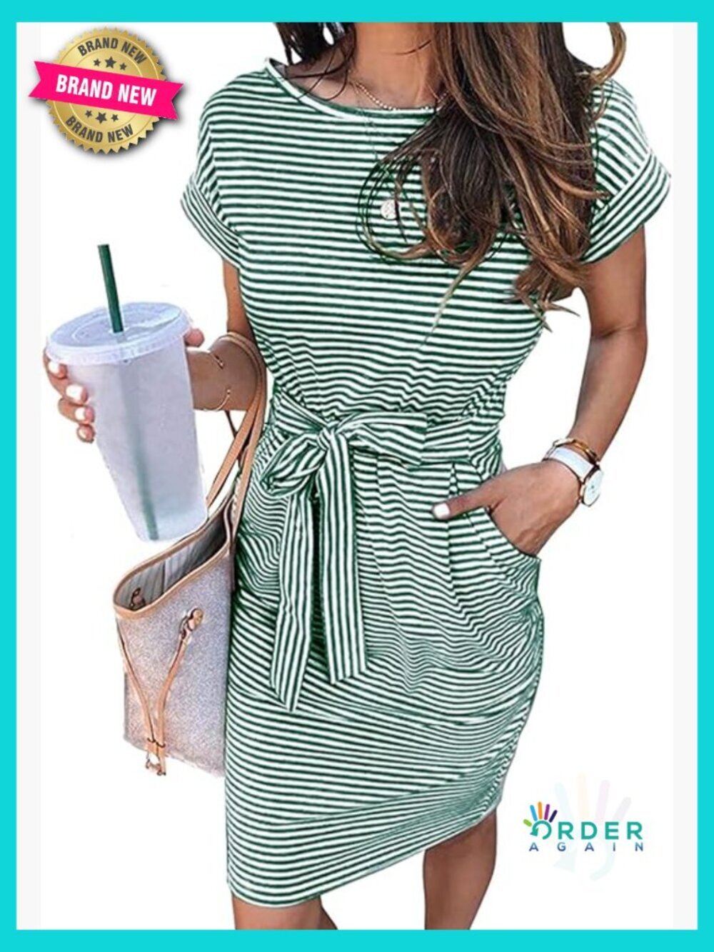 Striped T-Shirt Dress Casual Tie Waist Midi Sheath Summer Work Vacation